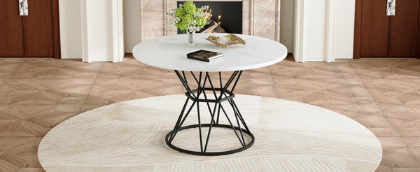 English Elm A Round Marble Patterned Mdf Dining Table with Matte Hourglass Base Seats Six White+Black W1151P434791