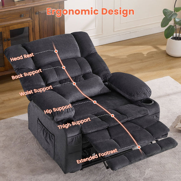 English Elm Dual Motor Large Power Lift Recliner Chair with Waist Kneading & Heat, Extended Footrest, USB Ports Grey W1521S00072