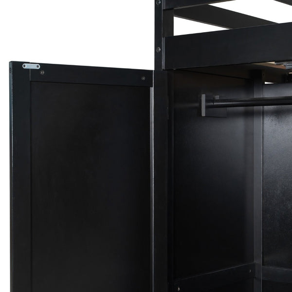 English Elm Full Size Wood Loft Bed with Wardrobe Desk Shelves Rgb Lighting and Blackout Curtains Black+Blue LT000269AAC-1
