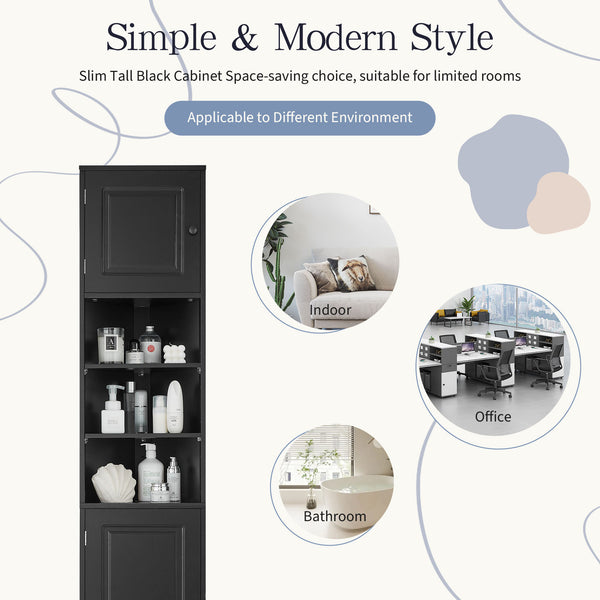 English Elm Multi-Functional Corner Cabinet Tall Trapezoid Bathroom Storage with Adjustable Shelves, Doors, Anti-Dump Device Black WF530911AAB