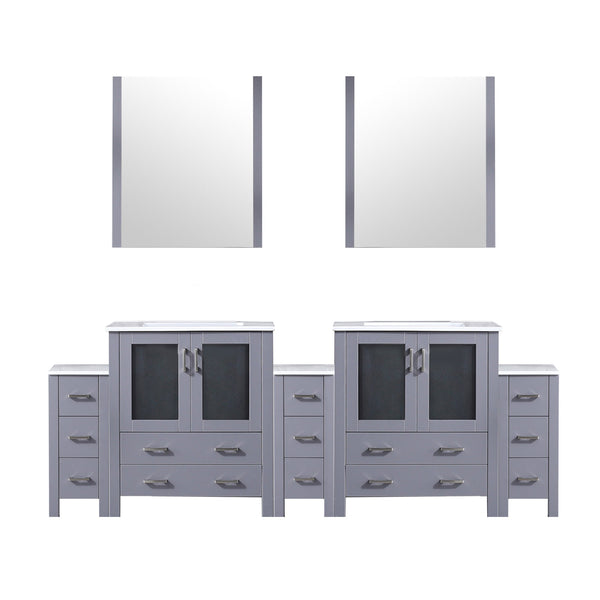 English Elm Dark Grey Double Bath Vanity 96" With White Ceramic Top, Side Cabinets, & 28" Mirrors For Storage B2731S00607