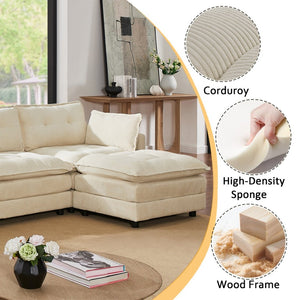 English Elm 119" Tufted Corduroy L-shaped Sectional with Ottoman Console Usb Charging 4 Seat Beige W1998S00100