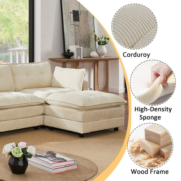 English Elm 119" Tufted Corduroy L-shaped Sectional with Ottoman Console Usb Charging 4 Seat Beige W1998S00100