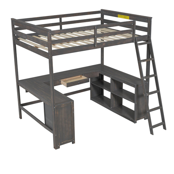 English Elm Full Loft Bed with U-Shaped Workstation, Built-In Drawers, Shelves & Cabinet for Space Saving Antique brown GX001039AAD