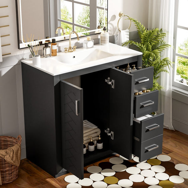 English Elm 36'' Bathroom Vanity with Ceramic Sink Combo Solid Wood Frame Soft-Closing Drawers Ample Storage Elegance Black N710P243327B