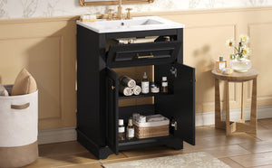English Elm 24" Matte Single Sink Vanity Solid Poplar Frame Gold Hardware Soft Close Cabinet Black N710P389449B