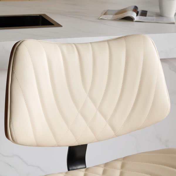 English Elm Walnut Mid-Century Bentwood Swivel Bar Stool — Ergonomic Faux Leather Seat, Wide Stable Base Beige W1143P173515