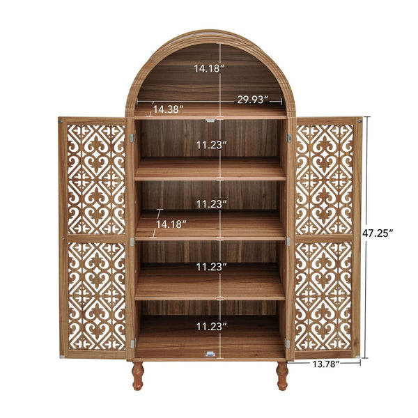 English Elm 70.28" Tall Walnut Pantry Cabinet Lattice Carved Doors Adjustable Shelves Two Drawers W688P303382