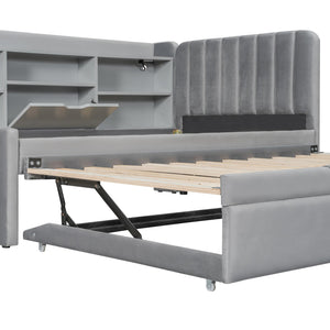 English Elm Twin Upholstered Daybed with Pull-Up Trundle, Velvet High Back with Shelves, Flip Storage & USB Gray SF000194AAE