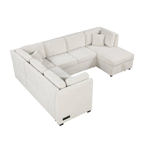 English Elm 108.6" U-Shaped Sectional Sofa Bed with Storage Chaise, USB & Power Ports, Beige Chenille Comfort N719S001410A