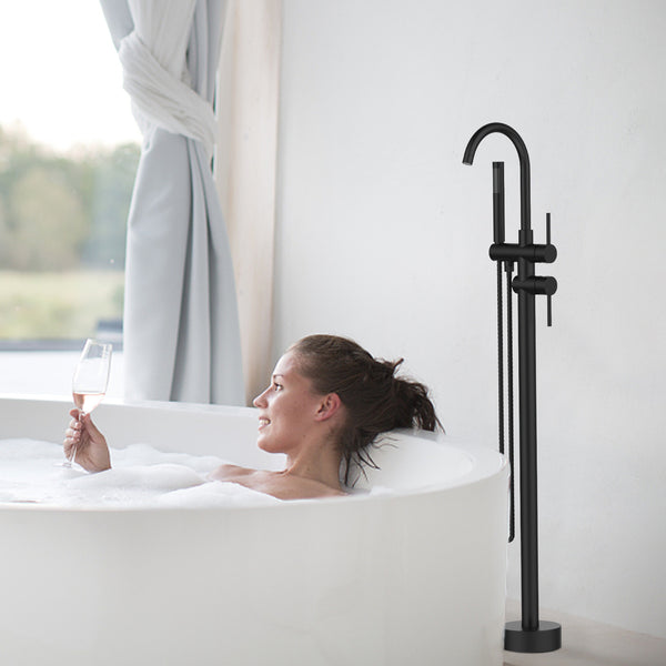 English Elm Floor Mount freestanding bathtub faucet with matte black finish, high-flow single-handle tub filler with handheld shower and 360° swivel spout, durable stainless steel and brass construction Matt Black T3177P277532