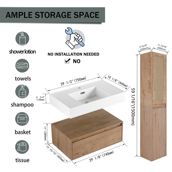 English Elm 30 Inch Wall-Mounted Bathroom Vanity Set With Resin Sink & Soft-Close Drawers For Modern Spaces W999S00350
