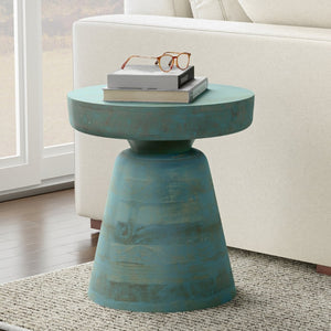 English Elm Robbie Solid Mango Wood Round Accent Table Sculptural Boho Side for Living Room Teal B136P420293