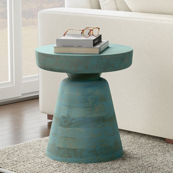 English Elm Robbie Solid Mango Wood Round Accent Table Sculptural Boho Side for Living Room Teal B136P420293