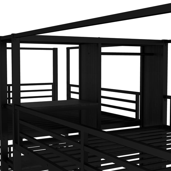 English Elm Full Size Quadruple Metal Bunk Bed With Storage & Wardrobe - Sturdy Design For Space-Saving Comfort W1580S00155