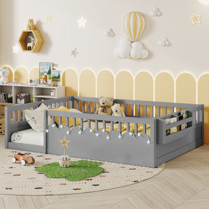 English Elm Full Montessori floor bed offering high rails, built-in light and shelf for safe independent sleep and storage Grey 79.13 L x 13 W x 6.3 H W2593P333796