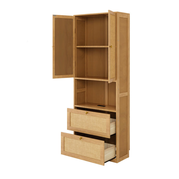 English Elm 2 Door Bookshelf with USB Port and 3 Drawers — Compact Pine-MDF Storage Cabinet for Living Room Natural 80.1 L x 17.65 W x 6.3 H N701P245551W