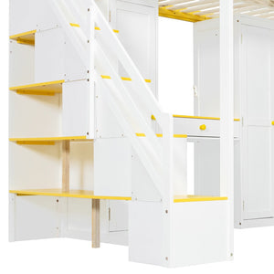 English Elm Full Size Teen Loft Bed with Staircase Shelves Wardrobe Vanity and Led Lighting LT000276AAL