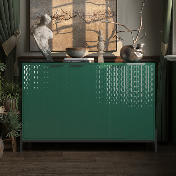 English Elm Modern Green High Gloss 3-Door Cabinet | Stylish Buffet Sideboard with Gold Handles & Sturdy Metal Legs T3609P333083