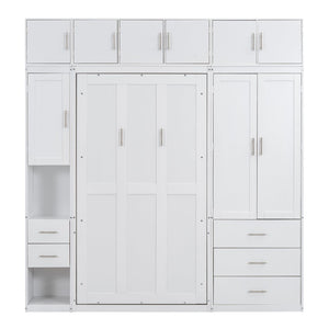 English Elm Twin Murphy Bed with Lockers & Wardrobes White — Space-Saving Foldaway Cabinet Bed w/ Shelves, Drawers and Video Guide GX000391AAK