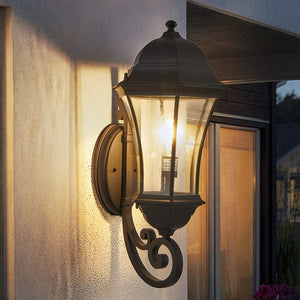 English Elm 27"(H) Outdoor Wall Lantern with Dusk-to-Dawn Sensor, Black Weatherproof Seed Glass Vintage Sconce W1340P239407