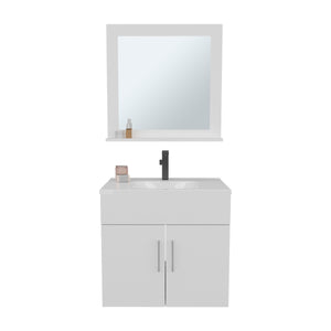 English Elm Bathroom Vanity Sink & Mirror Set White — Engineered Wood, Compact 2-Door Cabinet, Open Shelf Storage B097P369439