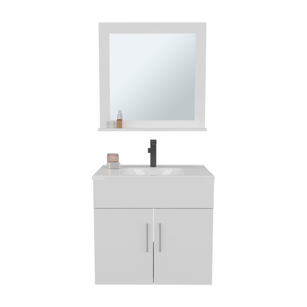 English Elm Bathroom Vanity Sink & Mirror Set White — Engineered Wood, Compact 2-Door Cabinet, Open Shelf Storage B097P369439