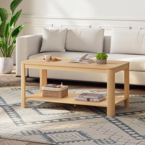 English Elm Arc Corner Oak Coffee Table with Open Shelf Wave Grain Legs Modern Living Room Accent W5563P449955