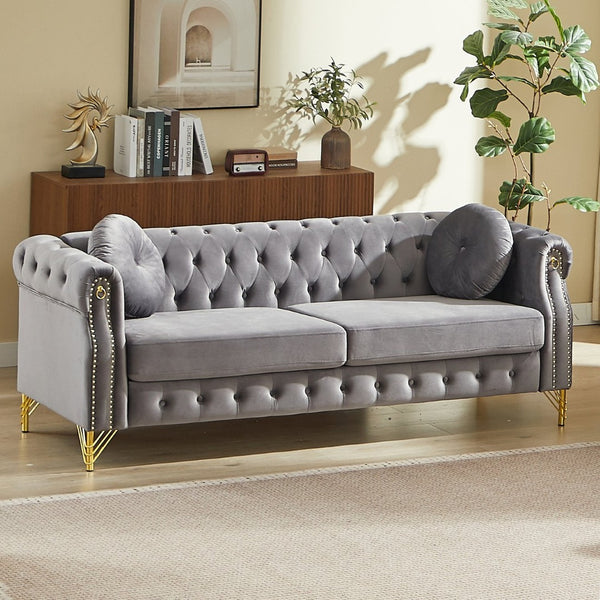 English Elm 82-inch Velvet Chesterfield Sofa Tufted Button Back with Copper Studs and Gold Metal Legs Grey W834S00618