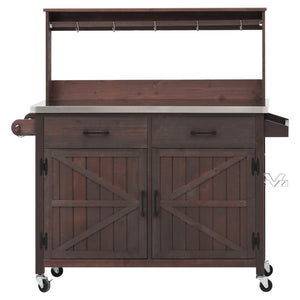 English Elm K&k Solid Fir Grill Cart Stainless Steel Top Outdoor Kitchen Station with Locking Wheels Brown N707P409087Z