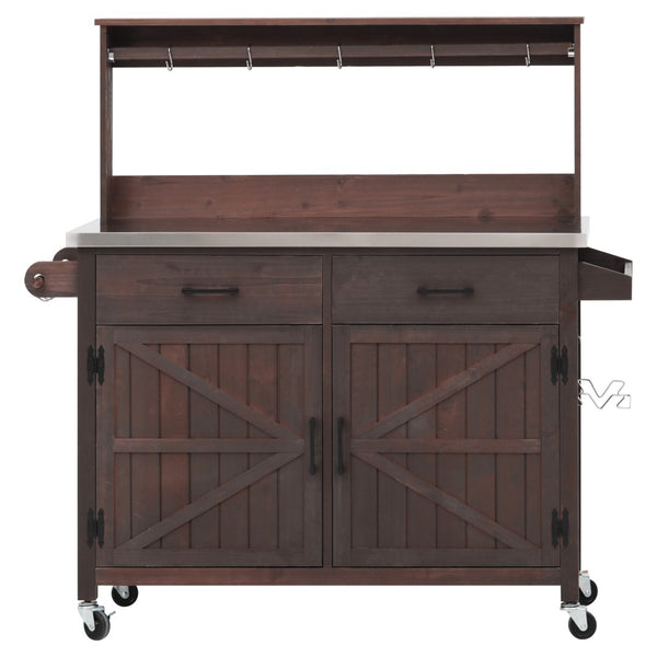 English Elm K&k Solid Fir Grill Cart Stainless Steel Top Outdoor Kitchen Station with Locking Wheels Brown N707P409087Z