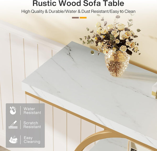 English Elm 41.3" Industrial 4-tier Narrow Console Table with Circular Metal Frame and Rustic Wood Shelves White+Gold T3971P418239