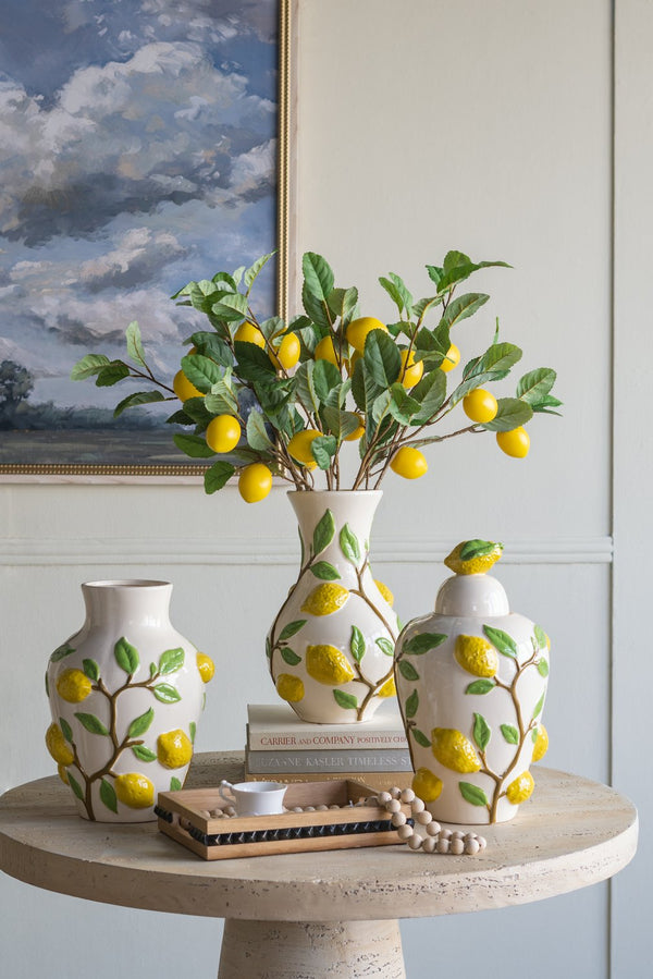 English Elm 9x9x13.5" Ceramic Vase with Bright Lemon & Vine Motif — White Round Centerpiece for Home Decor W2078P390430