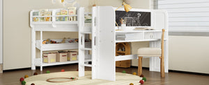 English Elm Twin Low Loft Bed Solid Pine Frame Kids Study Desk Blackboard Storage White Light White W1580S00299