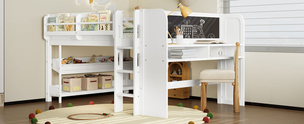English Elm Twin Low Loft Bed Solid Pine Frame Kids Study Desk Blackboard Storage White Light White W1580S00299