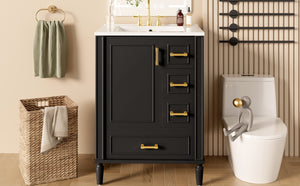 English Elm 24" Olive Bathroom Vanity Solid Wood Frame Ceramic Sink Gold Hardware Soft Close Black N729P373272B