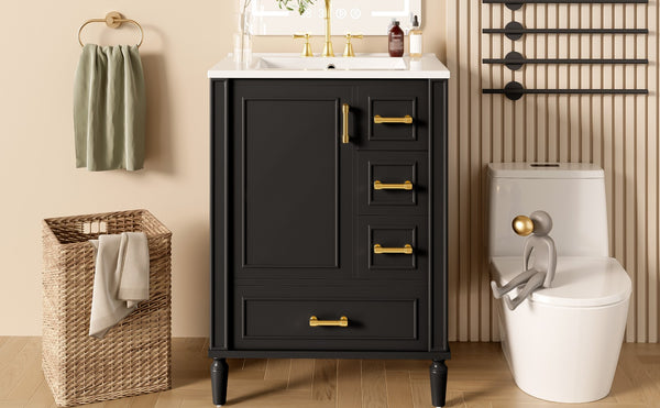 English Elm 24" Olive Bathroom Vanity Solid Wood Frame Ceramic Sink Gold Hardware Soft Close Black N729P373272B