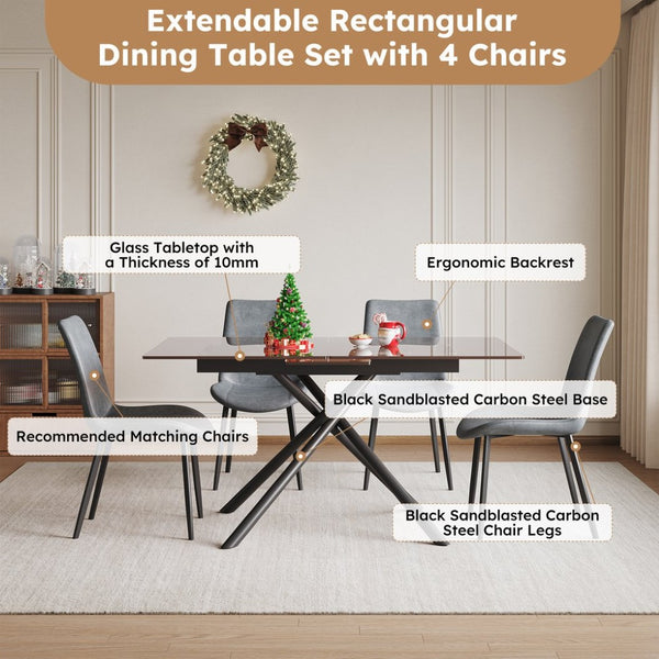 English Elm 59-inch Expandable Glass Top Dining Set Seats 8 with Upholstered Chairs X-base W2700S00082