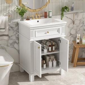English Elm 24'' Carved Farmhouse Bathroom Vanity with Ceramic Sink Soft Close Storage Cabinet White N710P446530K