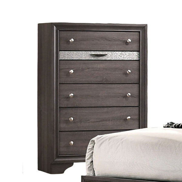 English Elm Gray Finish Contemporary Chest with Hidden Jewelry Drawer, Silver Knobs, Gleaming Bedroom Accent B2741P375930
