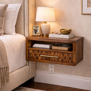 English Elm Solid Mango Wood Carved Nightstand with Brass Pull Drawer and Open Shelf Storage B182P481441