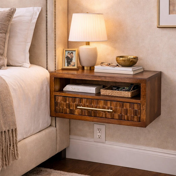English Elm Solid Mango Wood Carved Nightstand with Brass Pull Drawer and Open Shelf Storage B182P481441