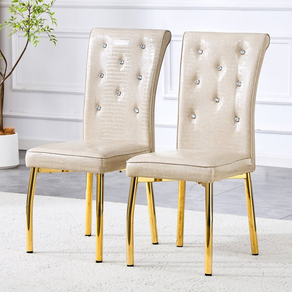 English Elm A Set of 2 Crystal Button Faux Leather Dining Chairs with Embossed Croc Texture Beige,Gold W3226P340253