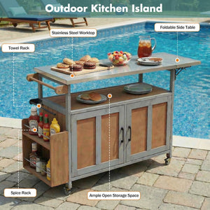 English Elm Foldable Outdoor Kitchen Cart with Stainless Worktop Fir Wood Frame and Lockable Wheels Espresso,Grey N719P380279Z