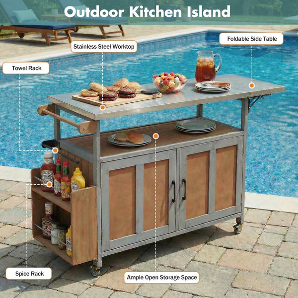 English Elm Foldable Outdoor Kitchen Cart with Stainless Worktop Fir Wood Frame and Lockable Wheels Espresso,Grey N719P380279Z
