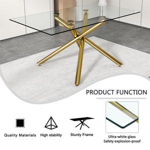 English Elm Large Rectangular Glass Dining Table For 4-8 People, Modern Design With Gold Metal Legs & Durability W1151S03180