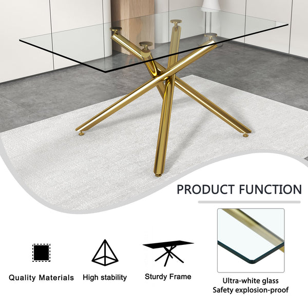 English Elm Large Rectangular Glass Dining Table For 4-8 People, Modern Design With Gold Metal Legs & Durability W1151S03180