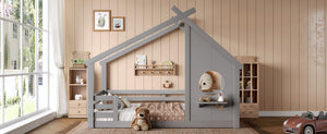 English Elm Full House Floor Bed with Roof Window and Shelf – Solid Pine Kids Loft-Style Low Bed, Durable Design Grey W1580P362698