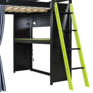 English Elm Full Size Wood Loft Bed with Wardrobe Desk Shelves Rgb Lighting and Blackout Curtains Black+Green LT000269AAF-1