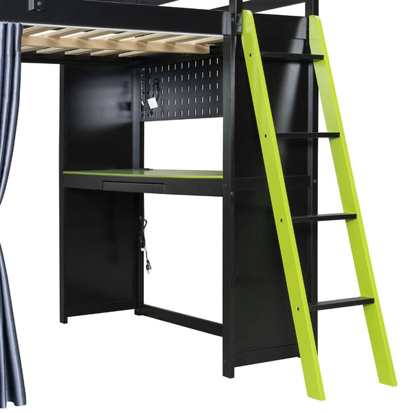 English Elm Full Size Wood Loft Bed with Wardrobe Desk Shelves Rgb Lighting and Blackout Curtains Black+Green LT000269AAF-1